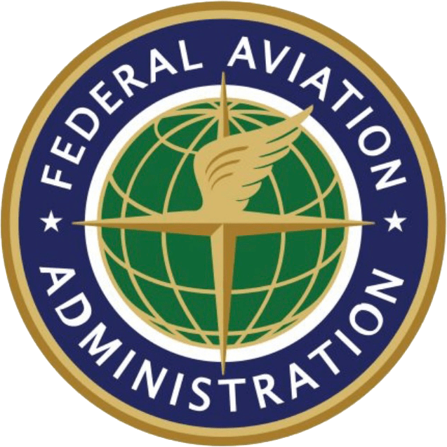 Federal Aviation Administration (FAA) emblem featuring a globe and a winged compass, symbolizing air safety and regulation in aviation.