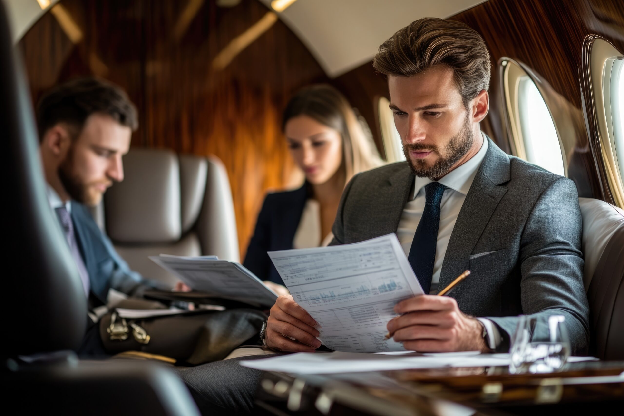 Business professionals review documents in a private jet, highlighting the blend of travel and work. The focus is on productivity in a luxury setting.
