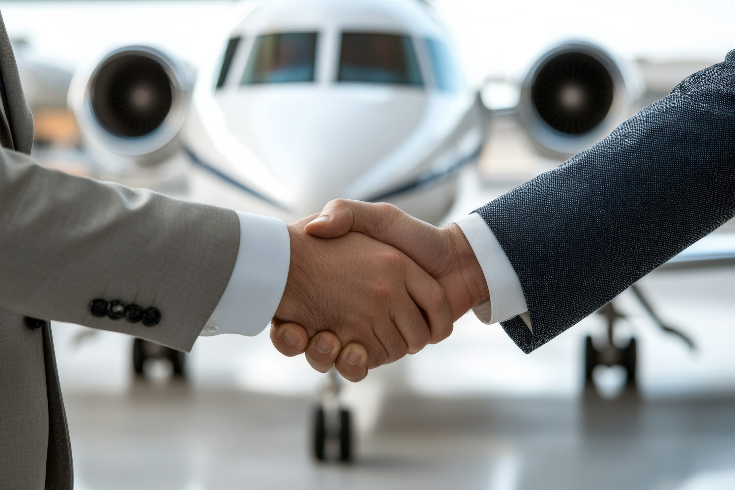 Two business professionals shake hands in front of a private jet, symbolizing a successful partnership or agreement in aviation.