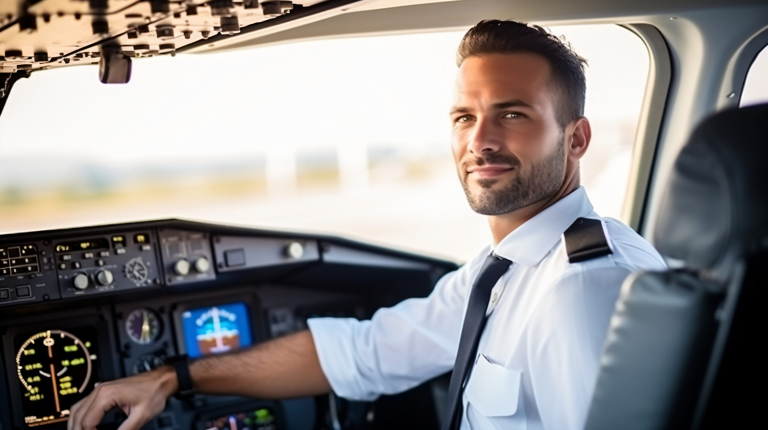 Pilot in cockpit, smiling and dressed in uniform. Instrument panel displays flight information, showcasing the aviation environment.